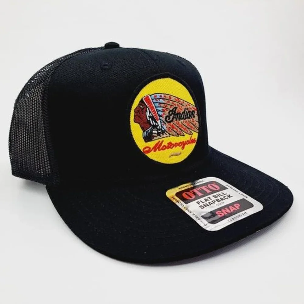 Retro Biker Indian Motorcycle Embroidrd Patch Flat Bill Trucker Mesh Cap Hat 70s